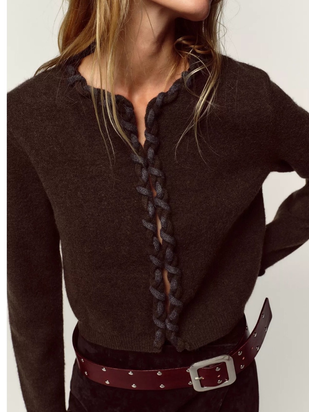 Zara Dark Brown inter woven Braided-Trim cardigan Sweater small